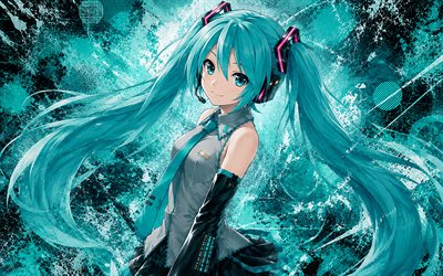 hatsunemiku, 4k, fondo turquesa grunge, vocaloide, arte abstracto, obra de arte, vocaloid 01, ojos turquesas, miku hatsune, cv01, personajes vocaloides, hatsune miku vocaloid