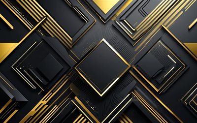 kultainen musta tausta, 4k, materiaalin suunnittelu, kultaisia ​​viivoja, 3d tekstuurit, taideteos, metallitaidetta, geometria, abstraktit taustat, geometriset taustat, abstraktioita, mustat abstraktit taustat