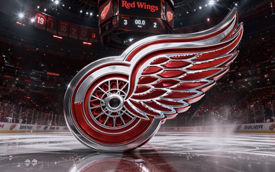 4k, Detroit Red Wings metal logo, spotlights, ice arena, NHL, creative, hockey, Detroit Red Wings logo, hockey stadium, Detroit Red Wings 3D logo, american hockey team, Detroit Red Wings