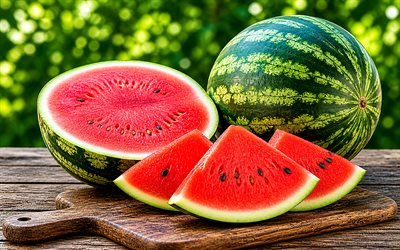 4k, watermelons, berries, ripe fruits, watermelon slices, watermelon, bunch of ripe watermelons, background with watermelons, summer fruits