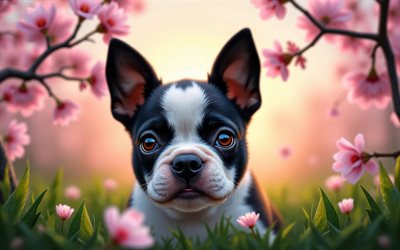 4k, Boston Terrier puppy, sunset, spring, cherry blossom, dogs, cute animals, puppies, pets, Boston Terrier, bokeh, spring flowers, Boston Terrier Dog