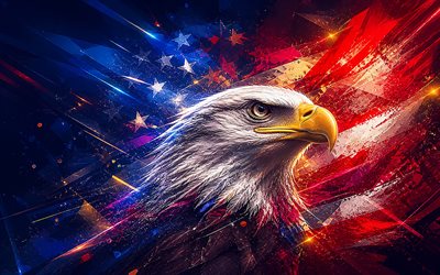4k, aquila calva, sfondo astratto rosso blu, bandiera degli stati uniti, uccelli rapaci, simbolo degli stati uniti, aquila calva arte, bandiera americana, 4 luglio, opera d'arte, aquile, usa, quattro luglio