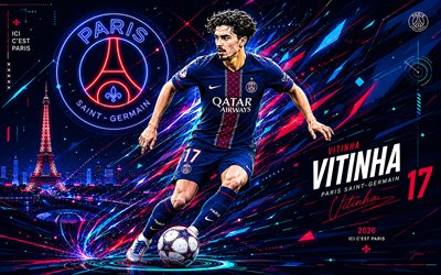 4k, vitina, psg, arte vettoriale, sfondo vettoriale astratto blu, vitina psg, arte creativa, il logo del psg, vitinha paris saint germain, calcio, paris saint germain, vítor machado ferreira