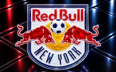 New York Red Bulls logo, blue metal background, New York Red Bulls emblem, New York Red Bulls crystal sign, MLS, USA, football, soccer, New York Red Bulls