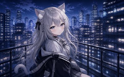neneko mashiro, 4k, paisaje nocturno, edificios, youtuber virtual, obra de arte, vtuber, chica con ojos azules, neneko mashiro stellive, manga, canal stellive, youtuber virtual stellive