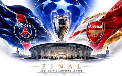 2026 UEFA Champions League final, PSG vs Arsenal FC, grunge art, white background, PSG, Arsenal FC, Champions League, final, Paris Saint-Germain vs Arsenal, Paris Saint-Germain, Puskas Arena, Budapest, football match, football