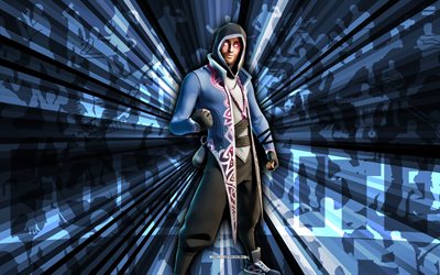 4k, togli la maschera a xander, sfondo raggi blu, maschera la pelle di xander, togli la maschera da xander fortnite, arte astratta, maschera fortnite sulla pelle di xander, personaggi di fortnite, fortnite, arte creativa