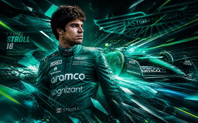 4k, Lance Stroll, turquoise digital background, Aston Martin F1 Team, Formula 1, Canadian racing drivers, fan art, Lance Stroll 4K, Formula One, F1, Aston Martin, Lance Stroll Aston Martin