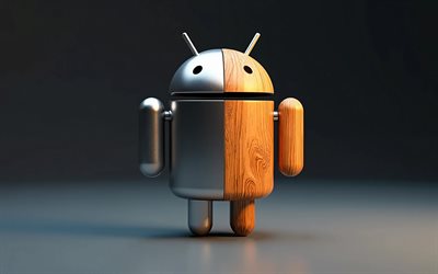 4k, logotipo de metal de madera de android, bokeh, minimalismo, fondo oscuro, creativo, logotipo de dos materiales de android, logotipo 3d de android, marcas de sistemas operativos, logotipo de android, androide