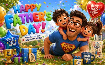 Happy Fathers Day, 4k, 3D art, father with kids, colorful 3D balloons, greeting card, Happy Fathers Day concepts, father with children, calligraphic letters, Happy Fathers Day inscription