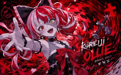 kureiji ollie, 4k, fondo abstracto rojo, youtuber virtual, vórtice abstracto, puntadas, zombi, vtuber, obra de arte, hololive, heterocromía, manga, canal kureiji ollie