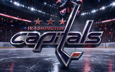 4k, 워싱턴 캐피털스 금속 로고, 스포트라이트, 아이스 아레나, nhl, 창의적인, 하키, 워싱턴 캐피탈스 로고, 하키 경기장, 워싱턴 캐피털스 3d 로고, 미국 하키팀, 워싱턴 캐피털스