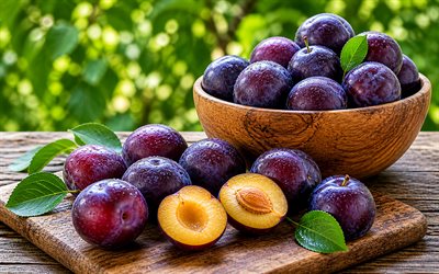 4k, wooden bowl with plums, bokeh, summer fruits, fresh fruits, close-up, ripe fruits, ripe plums, background with plums, fruits, plums