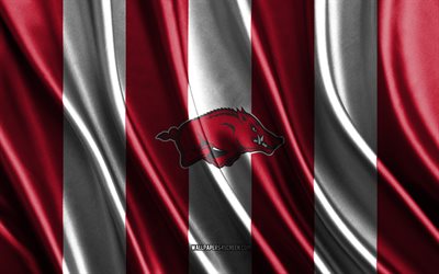 4k, arkansas razorbacks logosu, ncaa, kırmızı beyaz ipek doku, arkansas razorbacks bayrağı, amerikan futbol kulübü, ipek bayrak, arkansas razorbacks amblemi, amerika, arkansas jilet sırtlıları