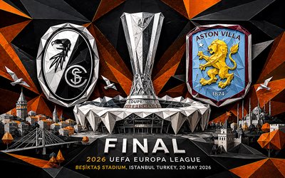 2026 UEFA Europa League final, 4k, SC Freiburg vs Aston Villa FC, final, Europa League, SC Freiburg logo, Aston Villa FC logo, Besiktas Stadium, Istanbul, 20 May 2026, abstract art, orange black background