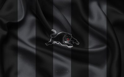 4k, penrith panthers logosu, avustralya ragbi takımı, nrl, siyah gri ipek kumaş, ulusal ragbi ligi, penrith panterler amblemi, penrith panterler, avustralya, rugby, penrith panthers imzayı attı