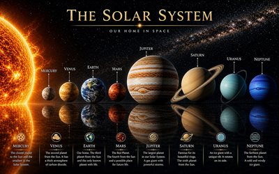4k, Solar system planets, 3D art, astronomy, universe, Mercury, Venus, Earth, Mars, Jupiter, Saturn, Uranus, Neptune, planets inscriptions, Solar system, planets, space art, planetary system, astrophysics, galaxy, cosmos, Solar system concepts
