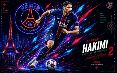 4k, achraf hakimi, psg, arte vettoriale, sfondo vettoriale astratto blu, achraf hakimi psg, arte creativa, il logo del psg, achraf hakimi del paris saint germain, calcio, paris saint germain