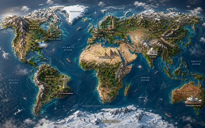 3D world map, 4k, world landmarks, continents, world landscape, artwork, landscape map, world maps concepts, world maps