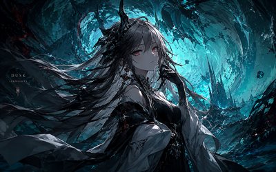 4k, oscuridad, ojos rojos, arte abstracto, arknights, fondo abstracto turquesa, manga, todo es un milagro, nm02, personajes de anime, personajes de arknights, arknights del anochecer