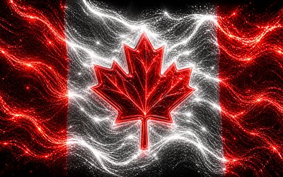 4k, Canada glowing flag, creative, flag of Canada, Day of Canada, darkness, 3D art, Canadian flag, Canada neon flag, neon waves Canada flag, Canada 3D flag, Canada abstract flag, Canada