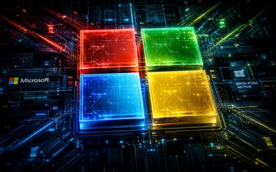 Microsoft 3D logo, 4k, dark futuristic background, colorful neon rays, software brands, Microsoft neon logo, brands, Microsoft logo, Microsoft