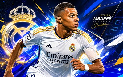 Kylian Mbappe, Real Madrid CF, fan art, white abstract digital background, Kylian Mbappe Real Madrid CF, creative art, Real Madrid CF logo, Kylian Mbappe Real Madrid, football, Real Madrid