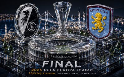 2026 UEFA Europa League Final, 4k, crystal art, SC Freiburg vs Aston Villa FC, final, Europa League, SC Freiburg logo, glass art, Aston Villa FC logo, Besiktas Stadium, Istanbul, 20 May 2026, black background
