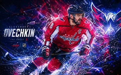 aleksandr ovečkin, 4k, sfondo digitale rosso blu, capitali di washington, nhl, hockey, aleksandr ovečkin 4k, ovi, logo delle capitali di washington, alex ovečkin, arte dei fan, alexander ovechkin washington capitals