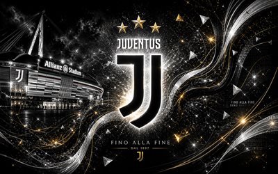 Juventus FC, 4k, Italian football club, Juventus FC logo, Juve, football art, black abstract background, Juventus FC emblem, Serie A, football, Italy, Juventus logo, Juventus, Allianz Stadium, Juventus Stadium, Bianconeri