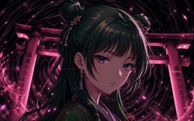 4k, MaoMao, darkness, Torii gates, The Apothecary Diaries, kimono, pink glare, manga, protagonist, The Apothecary Diaries characters, Torii, artwork, MaoMao The Apothecary Diaries
