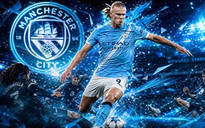erling haaland, manchester city fc, arte dei fan, sfondo astratto bianco blu, arte creativa, logo del manchester city fc, calcio, manchester city