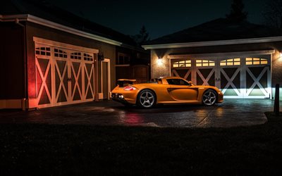 Porsche Carrera GT, supercars, la nuit, sportcars, orange Carrera GT, Porsche