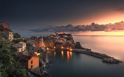 Vernazza, tramonto, mare, molo, porto, Cinque Terre, Italia