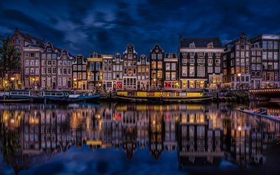 Singel Canal, Amsterdam, Night city, embankment, Netherlands