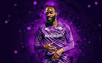 Jonathan Ikone, 4k, AFC Fiorentina, violet neon lights, soccer, Serie A, french footballers, Jonathan Ikone 4K, violet abstract background, football, Fiorentina FC, Jonathan Ikone Fiorentina