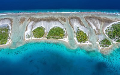 Kauehi, 4k, aerial view, Putake, coast, blue water, paradise, Tuamotu Archipelago, summer vacation, beach, sea, summer, French Polynesia