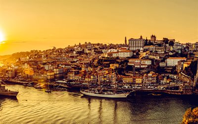 4k, Porto, evening, sunset, Porto cityscape, Porto skyline, Portugal