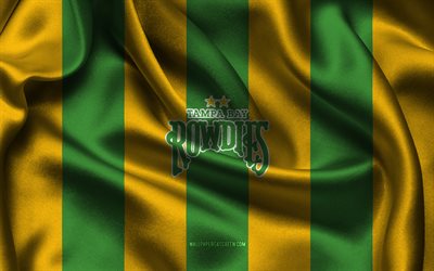 4k, Tampa Bay Rowdies logo, yellow green silk fabric, American soccer team, Tampa Bay Rowdies emblem, USL Championship, Tampa Bay Rowdies, USA, football, Tampa Bay Rowdies flag, USL, soccer