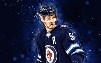 Mark Scheifele, 4k, blue neon lights, Winnipeg Jets, NHL, hockey, Mark Scheifele 4K, blue abstract background, Mark Scheifele Winnipeg Jets