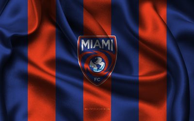 4k, logo miami fc, tissu en soie orange bleu, équipe de football américaine, emblème du miami fc, championnat usl, miami fc, etats unis, football, drapeau du miami fc, usl