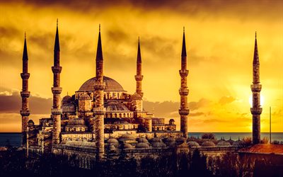4k, Blue Mosque, Istanbul, Sultan Ahmet Camii, evening, sunset, Sultan Ahmed Mosque, Islam, Istanbul cityscape, mosque, Turkey