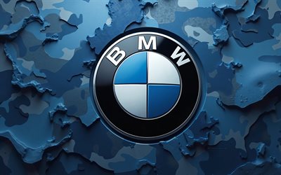 BMW metal logo, 4k, creative, camouflage backgrounds, cars brands, BMW military logo, blue camouflage, BMW 3D logo, brands, artwork, BMW logo, BMW