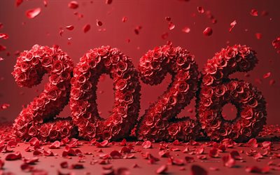 赤いバラで作られた3d 2026桁, 赤い背景, 2026概念, 2026年新年, 3d 2026桁, 赤いバラ, 2026新年