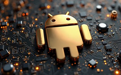 Android golden 3d logo, 4k, black technology background, Android logo, Android, golden creative art, creative art, Android emblem, Android 3d logo, Android 3d robot