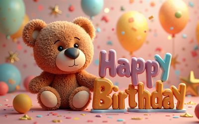 feliz cumpleaños, 4k, lindo oso de peluche, feliz cumpleaños inscripción 3d, oso marrón esponjoso de dibujos animados 3d, conceptos de feliz cumpleaños, feliz cumpleaños deseos, antecedentes de feliz cumpleaños con oso