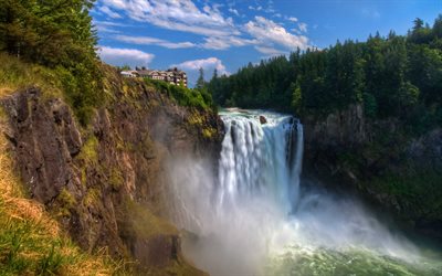 Snoqualmie Falls, waterfall, cliff, house, summer
