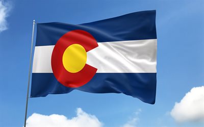 Colorado flag on flagpole, 4K, american states, blue sky, flag of Colorado, wavy satin flags, Colorado flag, US States, flagpole with flags, United States, Day of Colorado, USA, Colorado