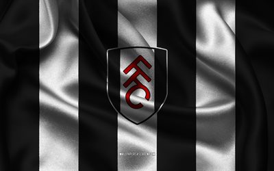 4k, logotipo do fulham fc, tecido de seda branco preto, time de futebol inglês, emblema do fulham fc, liga premiada, fulham fc, inglaterra, futebol americano, bandeira do fulham fc