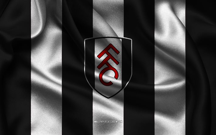 4k, logo del fulham fc, tessuto di seta bianco nero, squadra di calcio inglese, emblema del fulham fc, premier league, fulham fc, inghilterra, calcio, bandiera del fulham